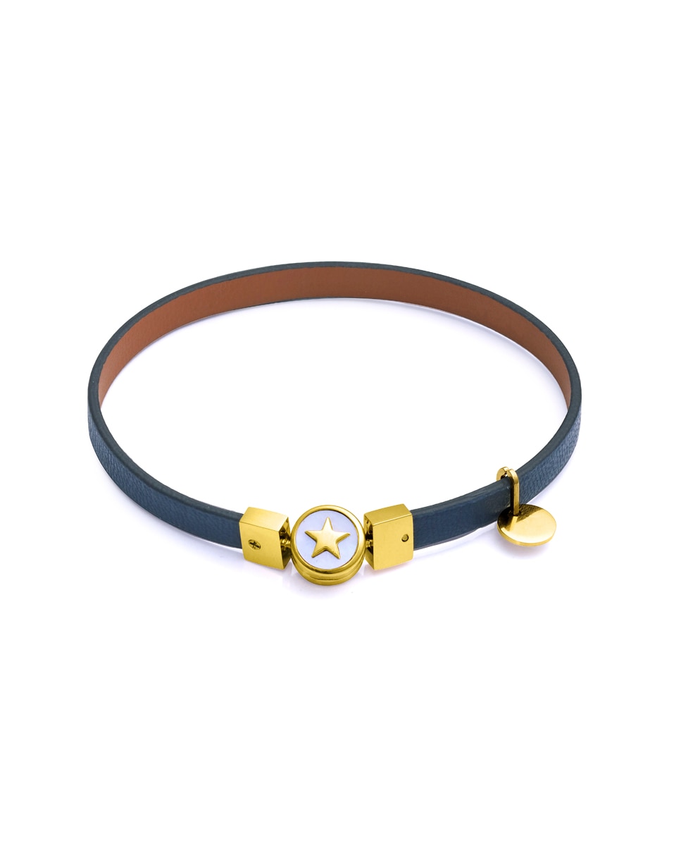 Pulseira Eco de Aço Reciclado e Ip Dourado com Bracelete Vegana em Castanho Multicolor-1