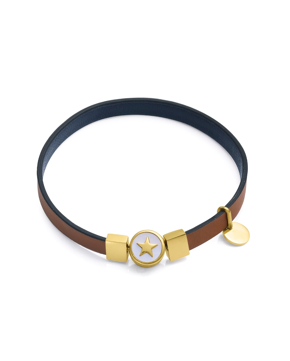 Pulseira Eco de Aço Reciclado e Ip Dourado com Bracelete Vegana em Castanho Multicolor-2