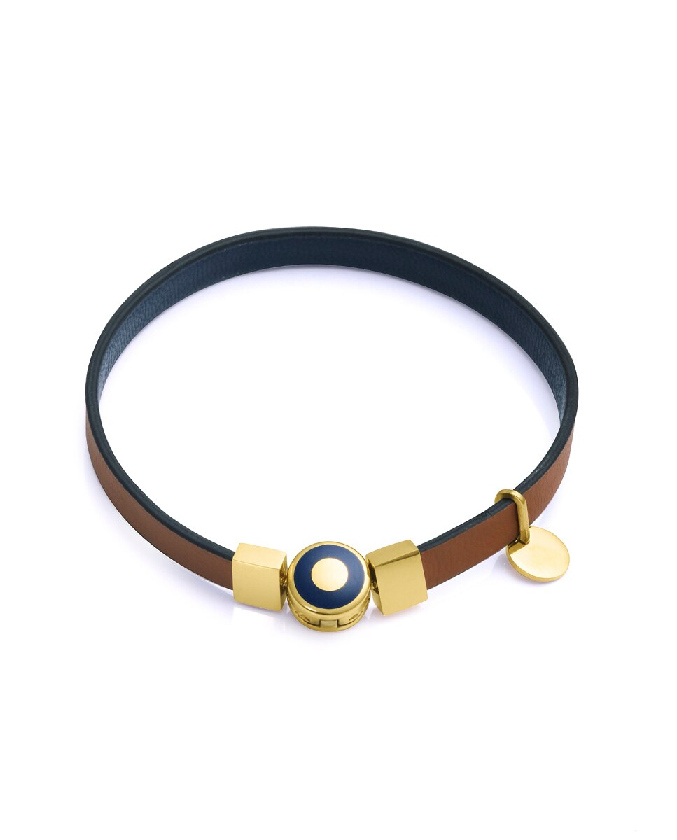 Pulseira Eco de Aço Reciclado e Ip Dourado com Bracelete Vegana em Castanho Multicolor-4
