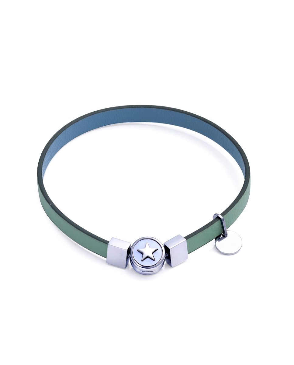Pulseira Eco de Aço Reciclado com Correia Vegana Reversível em Azul Denim e Verde Multicolor-1