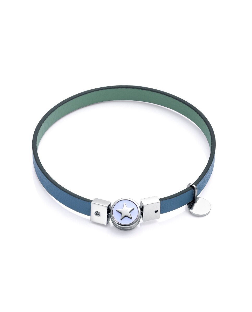 Pulseira Eco de Aço Reciclado com Correia Vegana Reversível em Azul Denim e Verde Multicolor-2