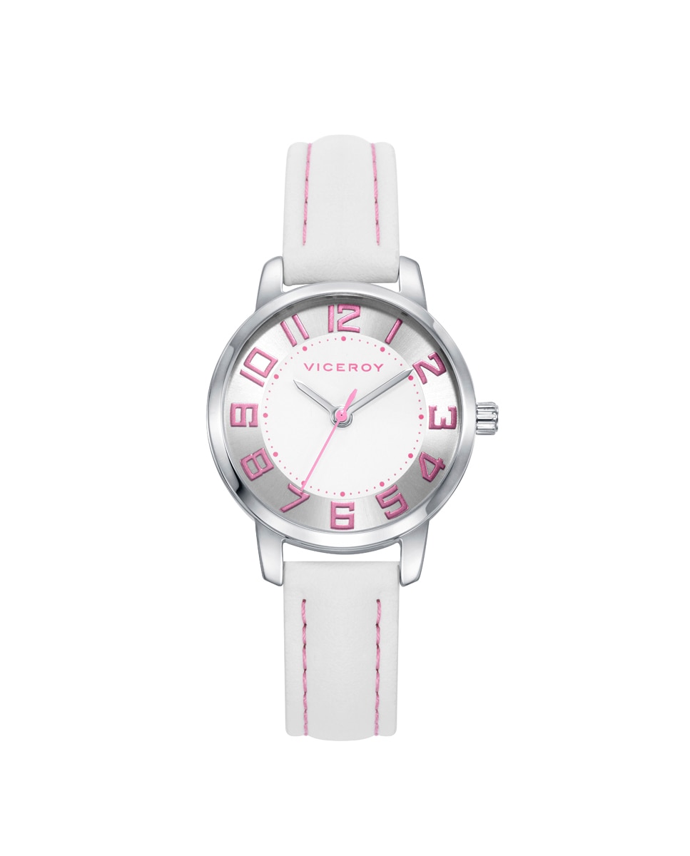 Relógio Infantil de Aço e Bracelete de Pele Branca e Pulseira de Oferta Prata-1