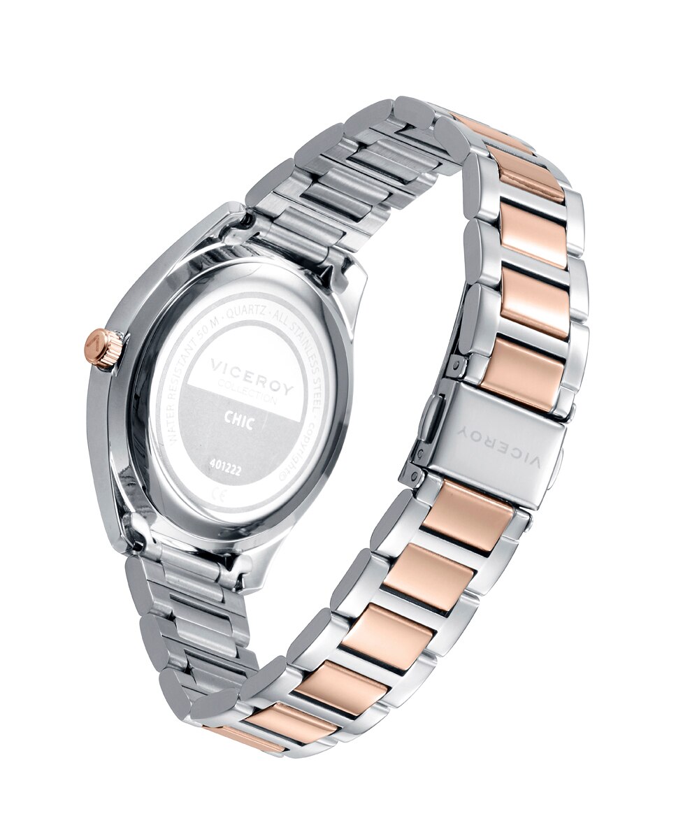 Relógio Analógico Chic com Caixa e Bracelete Bicolor de Aço e Ip Rosa Prata / Rosa-2