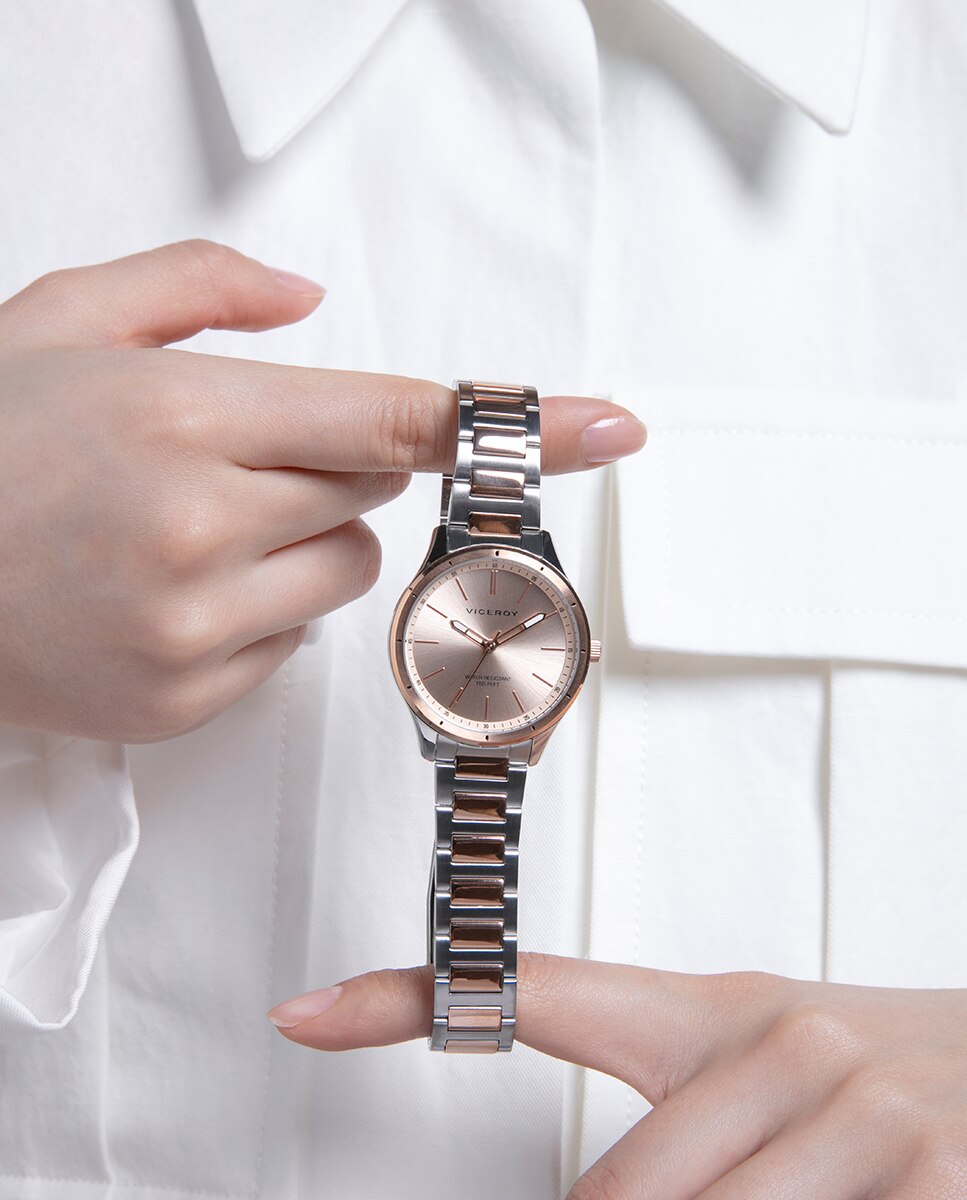 Relógio Analógico Grand com Caixa e Bracelete Bicolor de Aço e Ip Rosa Rosa-3