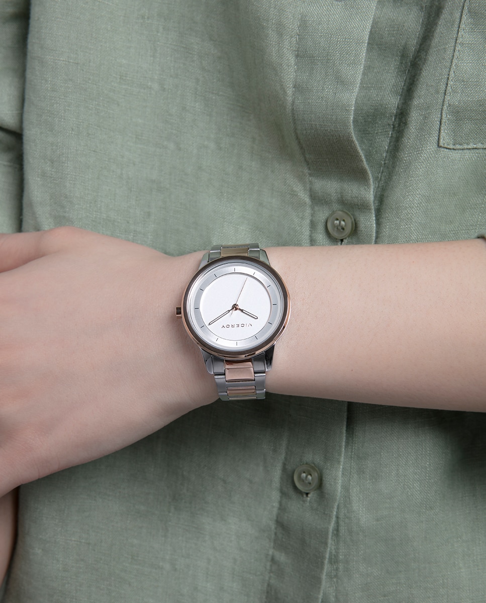 Relógio Analógico Air com Caixa e Bracelete Bicolor de Aço e Ip Rosa Rosa-3