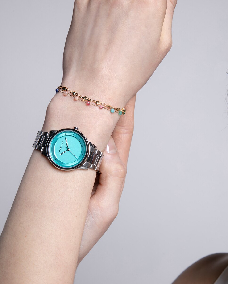 Relógio Analógico Air com Caixa e Bracelete de Aço Turquesa-3