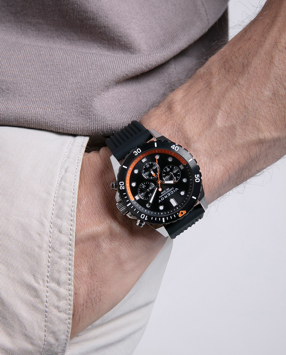 Relógio Analógico Heat com Caixa de Aço com Bisel Giratório e Bracelete de Silicone em Preto Preto / Laranja-flúor-3