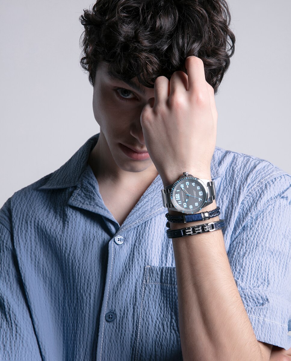Relógio Analógico Heat com Caixa e Bracelete de Aço Cinzento / Azul-3