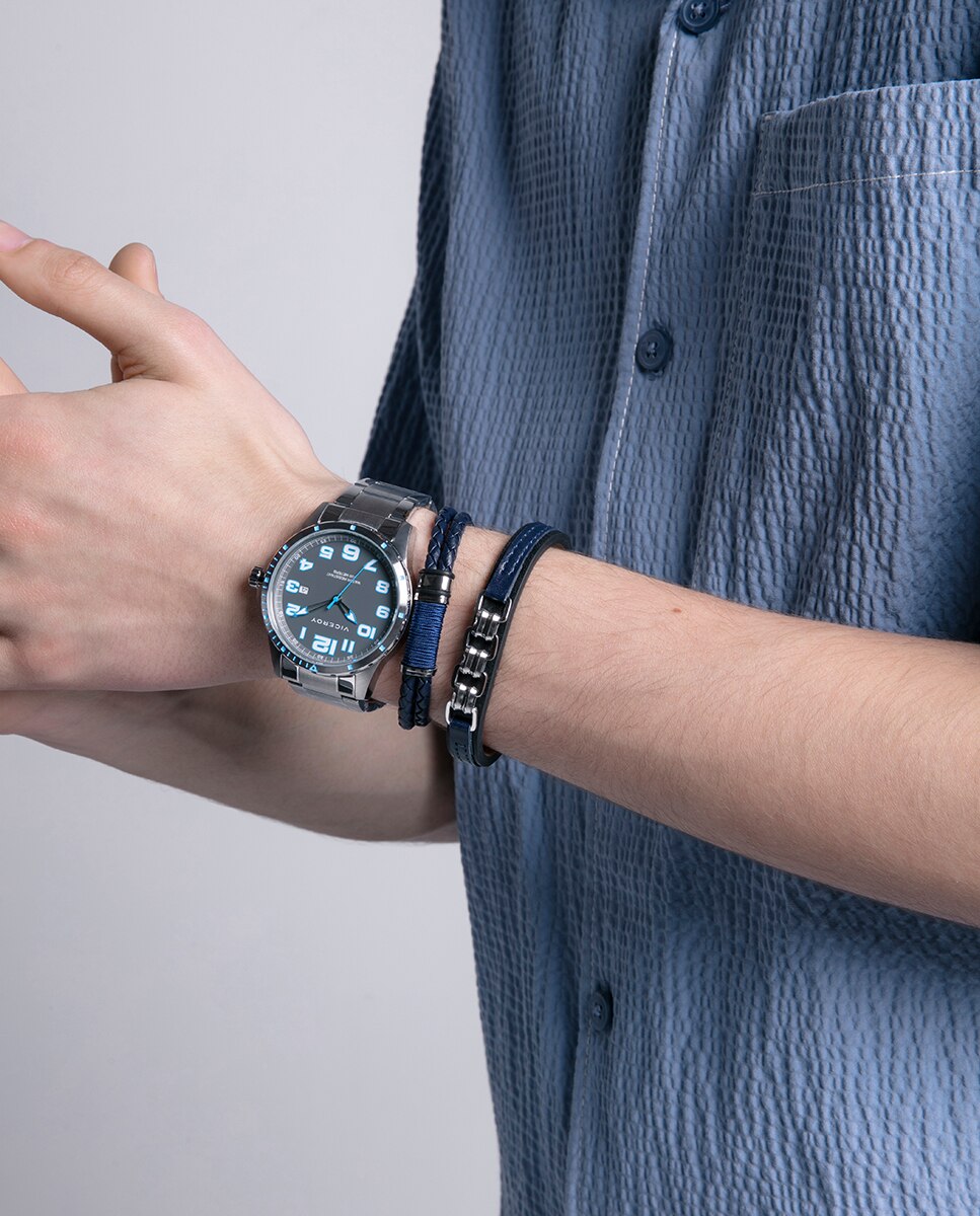 Relógio Analógico Heat com Caixa e Bracelete de Aço Cinzento / Azul-4