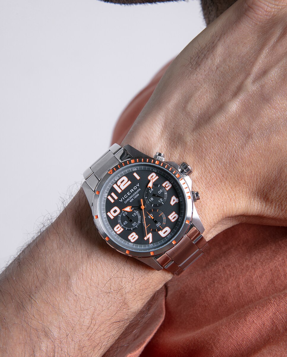 Relógio Analógico Heat com Caixa e Bracelete de Aço Cinzento / Laranja-3