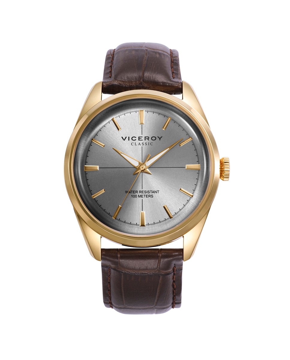 Relógio Analógico Classic com Caixa de Aço Ip Dourado e Bracelete de Pele em Castanho Dourado-1