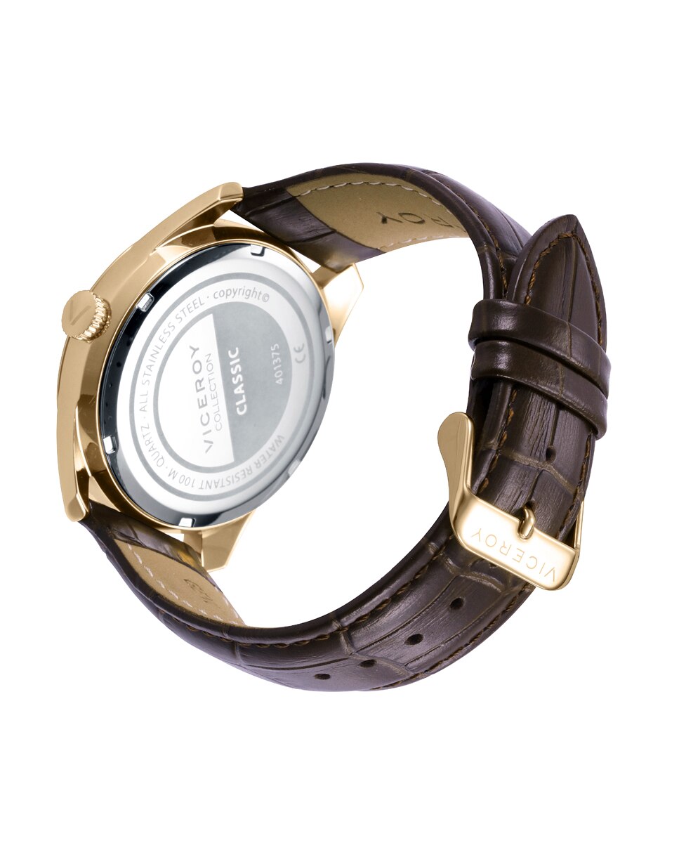 Relógio Analógico Classic com Caixa de Aço Ip Dourado e Bracelete de Pele em Castanho Dourado-2