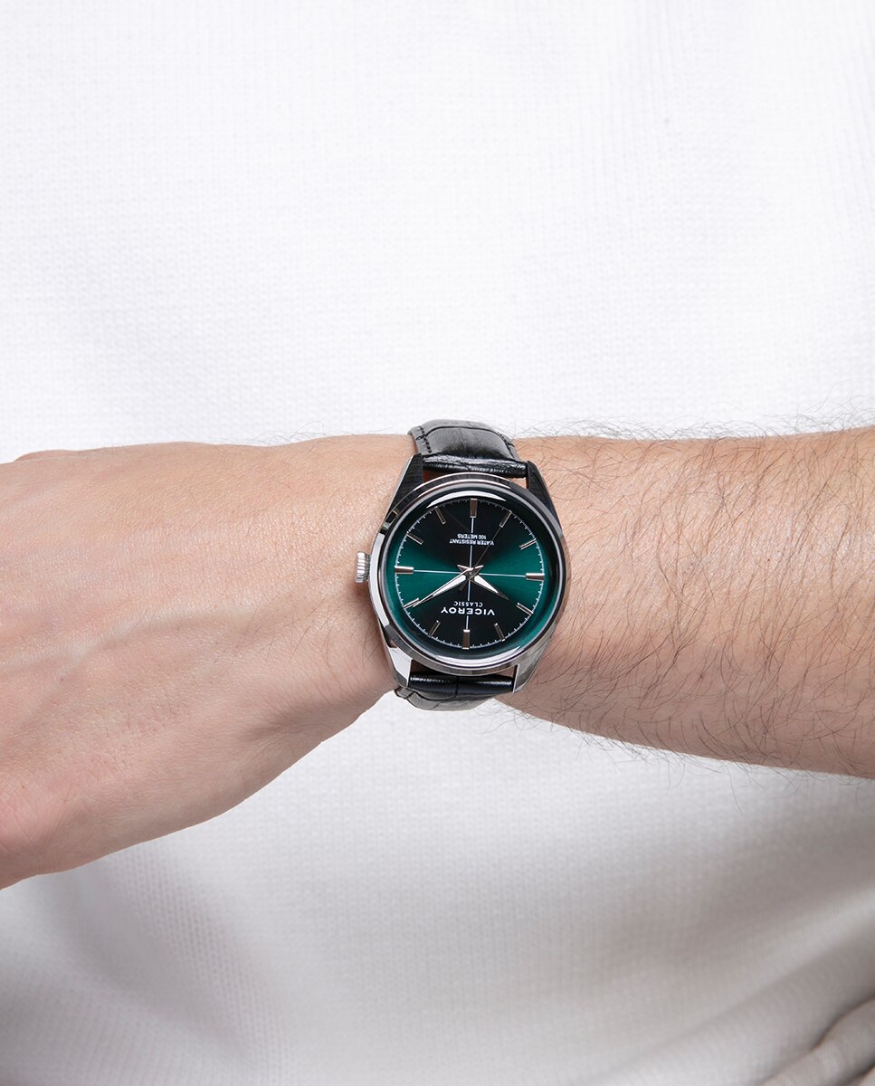 Relógio Analógico Classic com Caixa de Aço e Bracelete de Pele em Castanho Verde-3