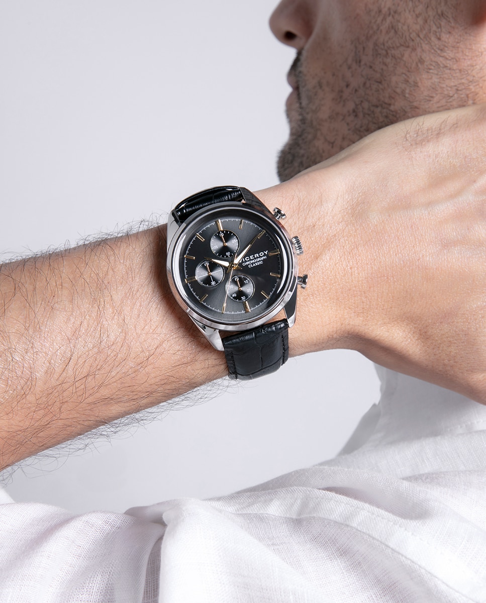 Relógio Analógico Classic com Caixa e Bracelete de Pele em Preto Cinzento-3