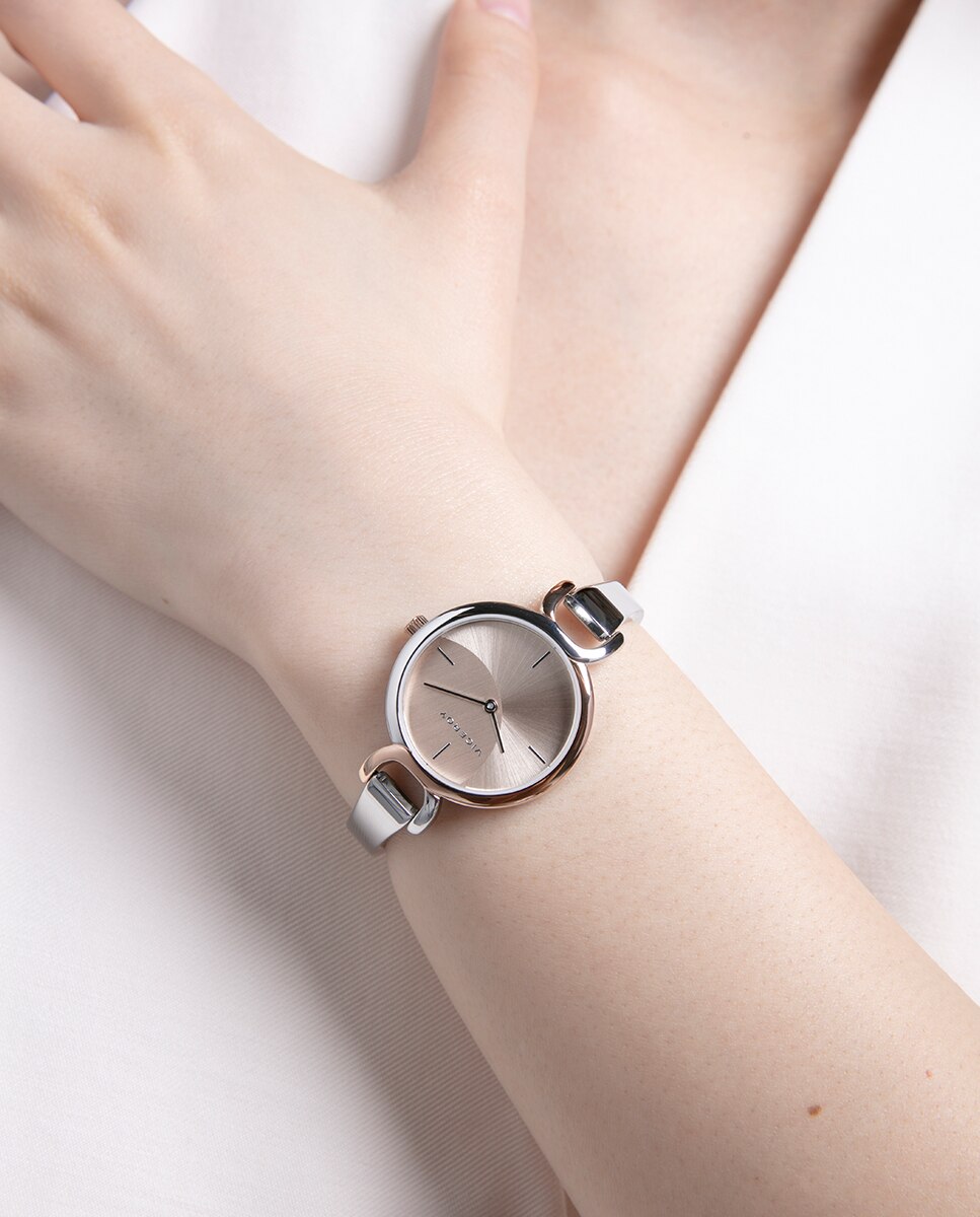 Relógio Analógico Air com Caixa Bicolor de Aço e Ip Rosa com Bracelete de Aço Prata-3