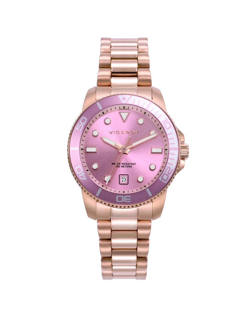 Relógio Analógico Heat com Caixa de Aço com Bisel de Alumínio em Rosa e Bracelete de Aço Branco / Crómio-1
