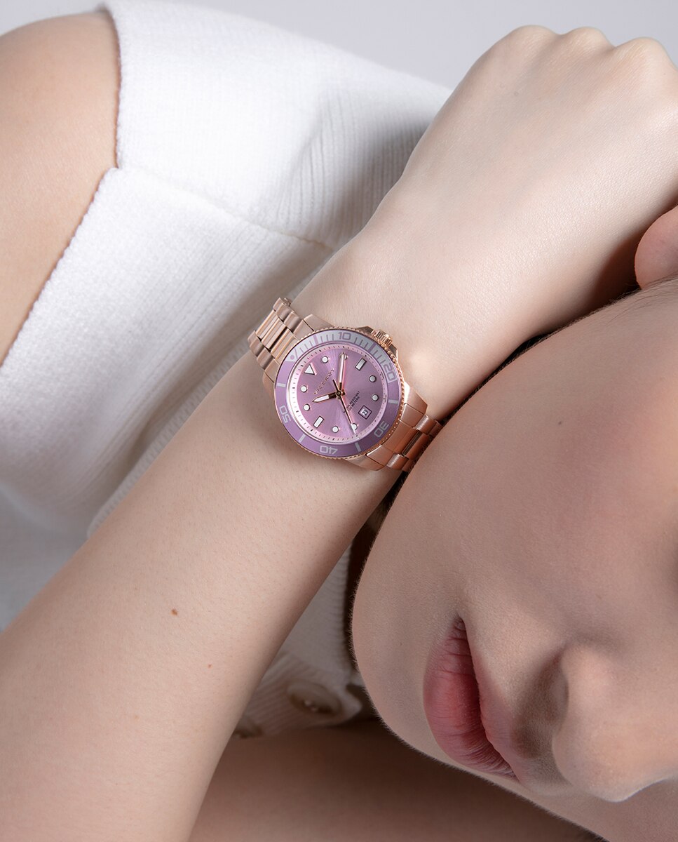 Relógio Analógico Heat com Caixa de Aço com Bisel de Alumínio em Rosa e Bracelete de Aço Branco / Crómio-3