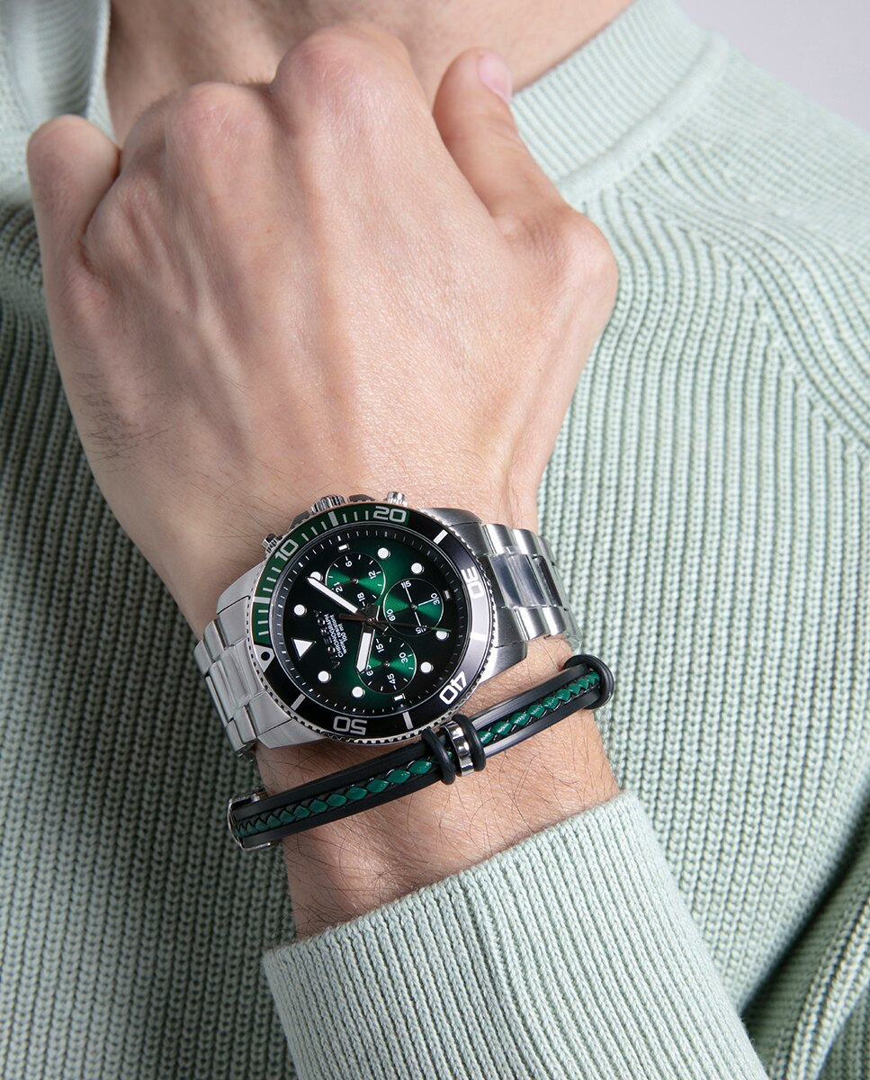 Relógio Analógico Heat com Caixa de Aço com Bisel de Alumínio Bicolor em Verde e Preto e Bracelete de Aço Preto / Verde-flúor-3