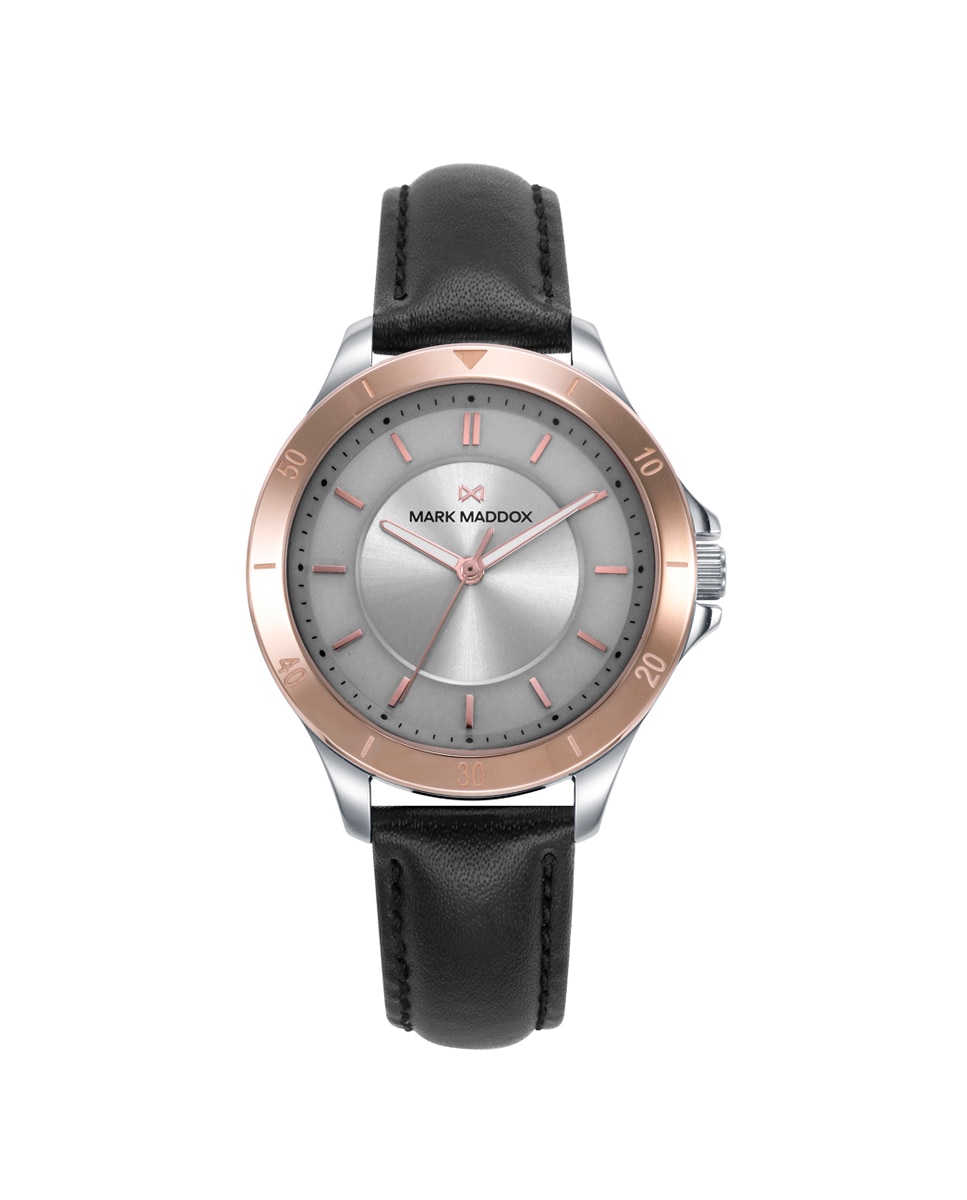 Relógio Analógico Marais com Caixa Bicolor de Aço e Ip Rosa com Bracelete de Pele em Preto Prateado-1