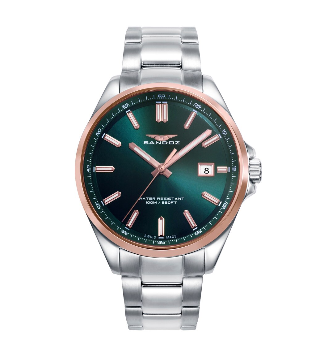 Relógio Casuel, Caixa Bicolor de Aço e Ip Rosa, Bracelete de Aço Prateado-3