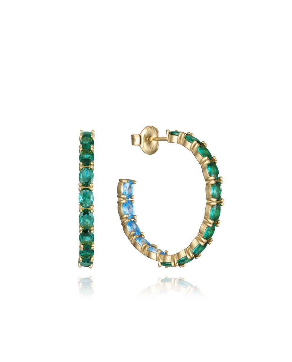 Brincos Elegant de Argola em Prata de Lei com Banho de Ouro, com Zircónias Azuis e Verdes Multicolor-1