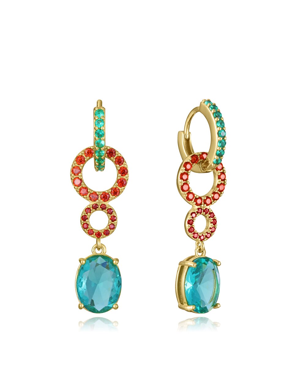 Brincos Elegant de Prata de Lei com Banho de Ouro, Argolas com Zircónias e Pendente Multicolor-1