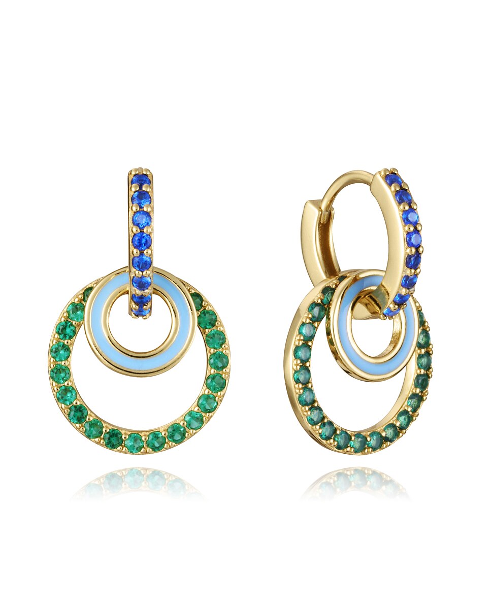Brincos Elegant de Prata de Lei com Banho de Ouro, Argola com Zircónias e Argola com Esmalte Azul Multicolor-1