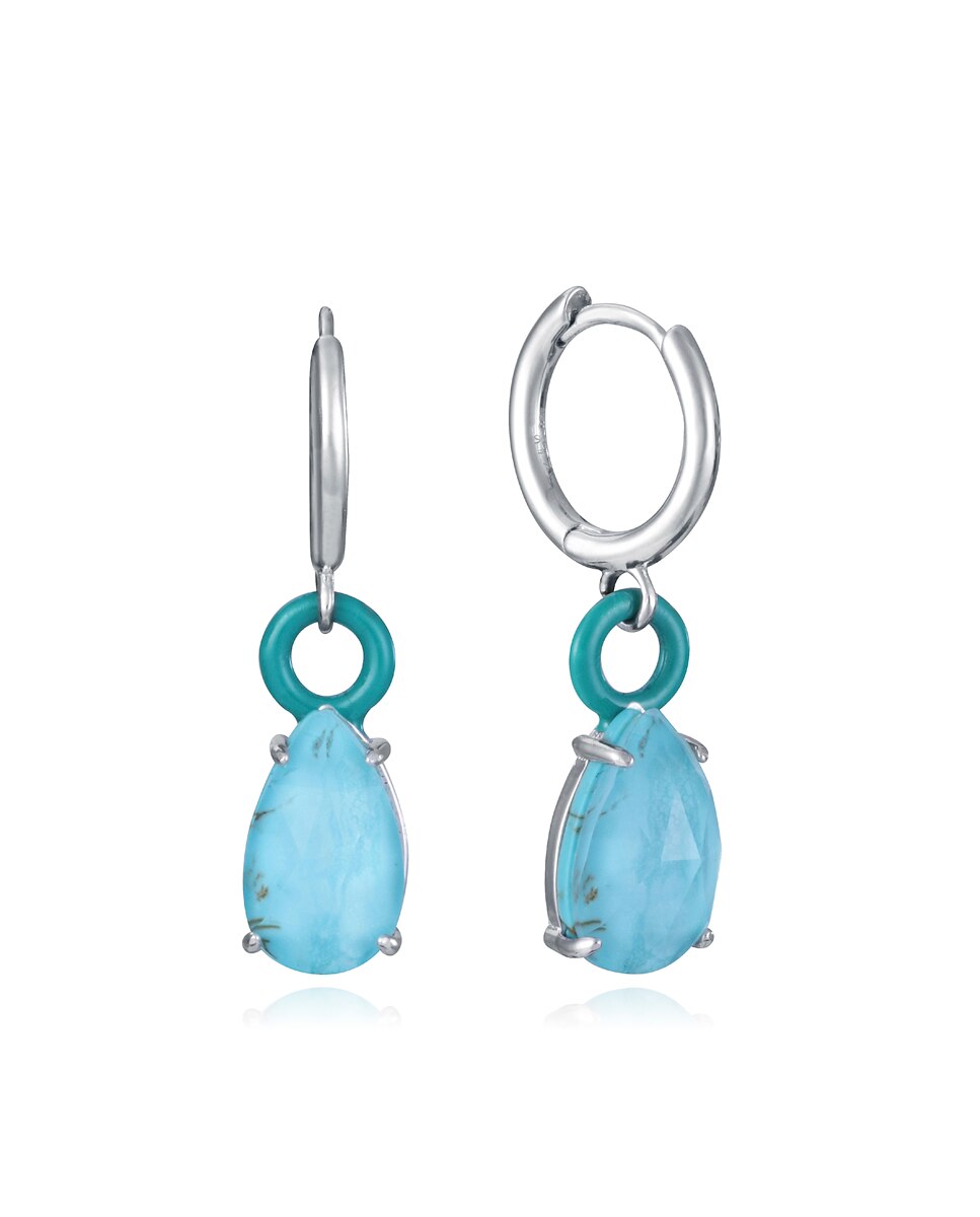 Brincos Elegant de Argola em Prata de Lei com Banho de Ródio e Pedras Turquesa Turquesa-1