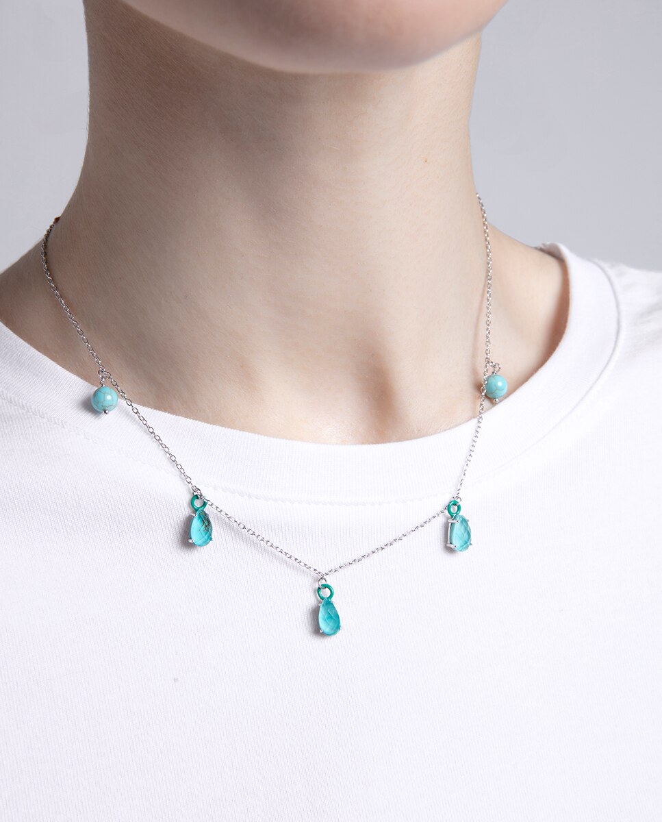 Brincos Elegant de Argola em Prata de Lei com Banho de Ródio e Pedras Turquesa Turquesa-4