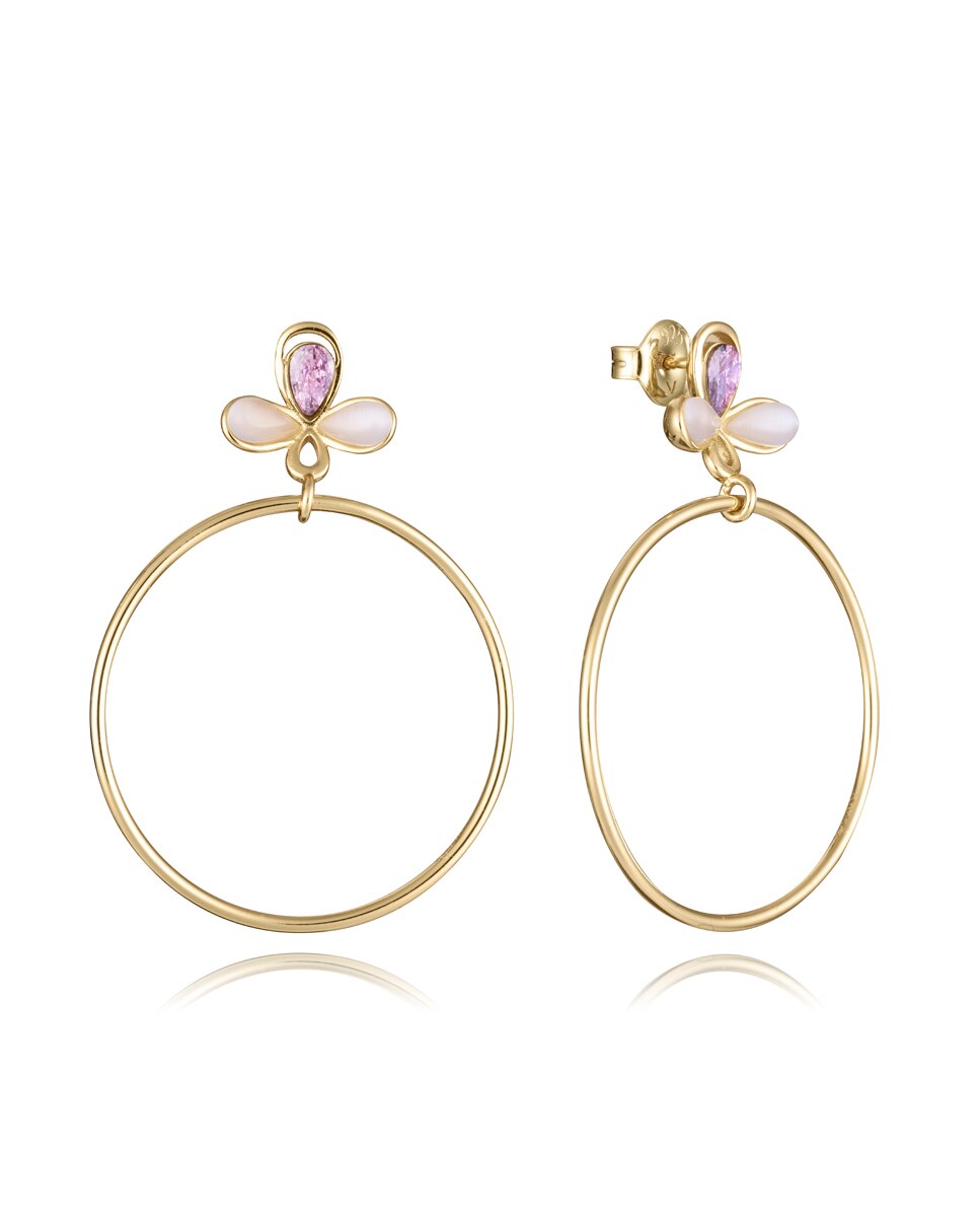 Brincos Trend de Prata de Lei com Banho de Ródio, Flor com Zirconitas e Argola Pendente Dourado-1