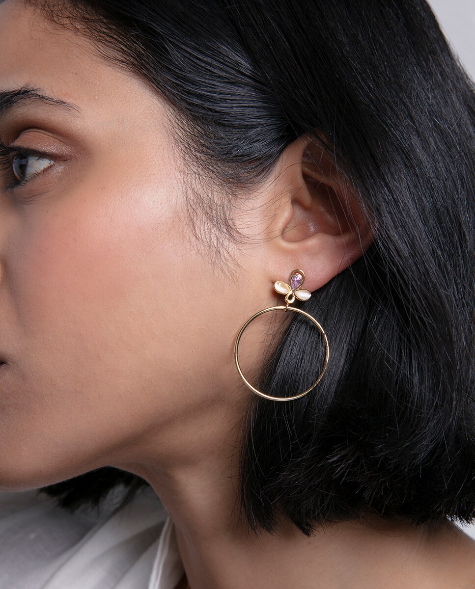Brincos Trend de Prata de Lei com Banho de Ródio, Flor com Zirconitas e Argola Pendente Dourado-2