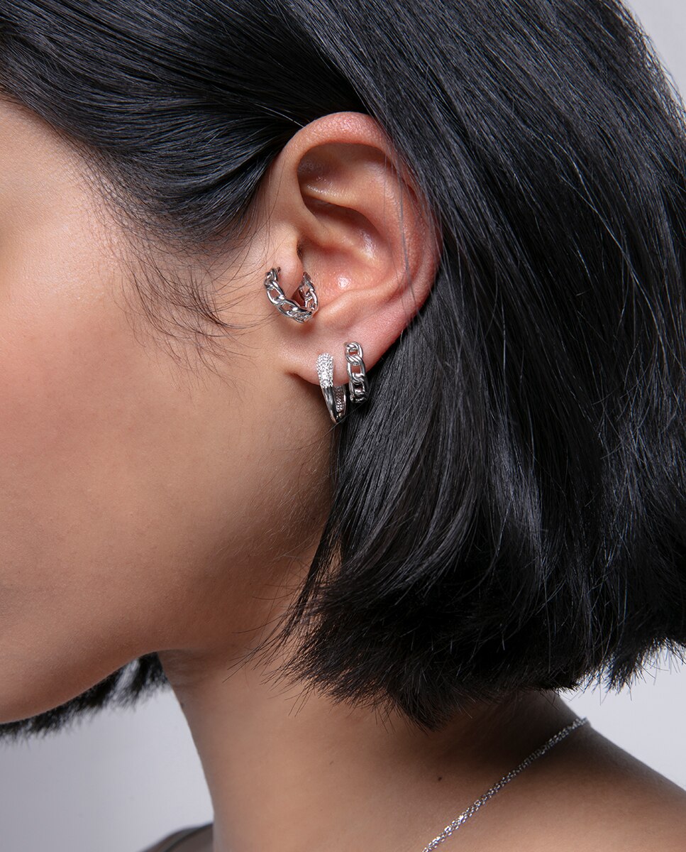 Brincos Elegant de Prata de Lei com Banho de Ródio, Argola com Zircónias Brancas Prateado-2