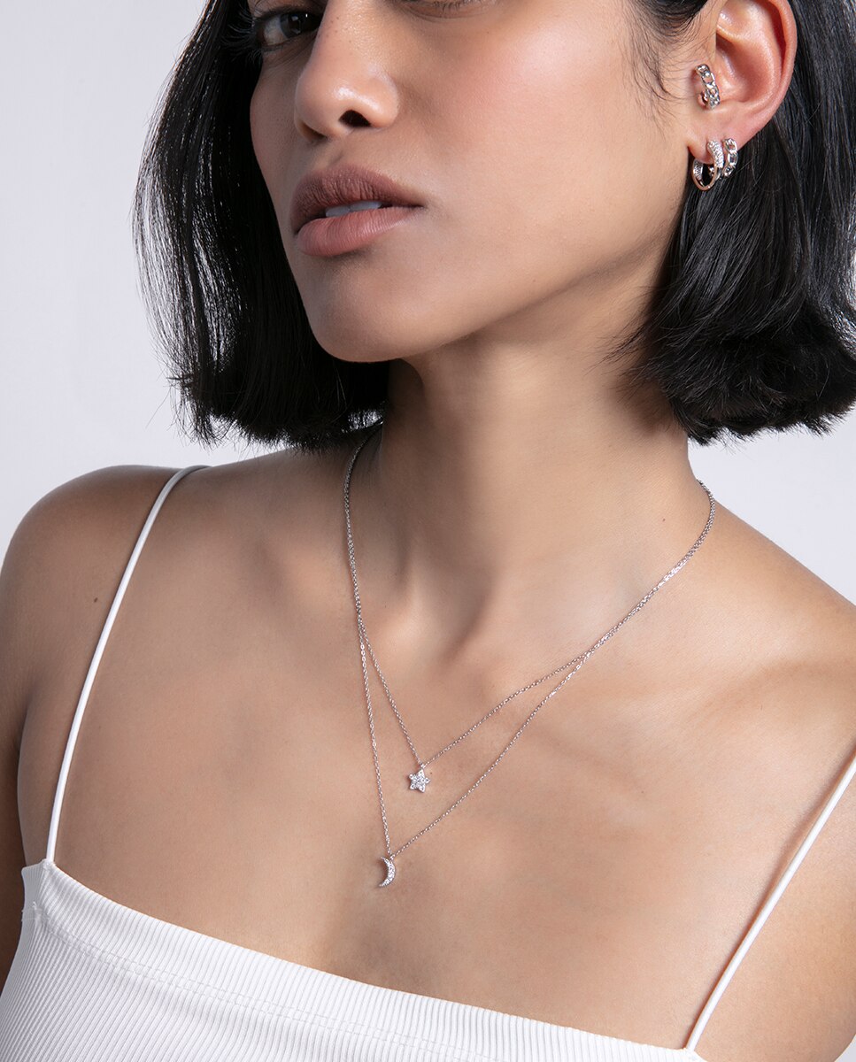 Brincos Elegant de Prata de Lei com Banho de Ródio, Argola com Zircónias Brancas Prateado-3