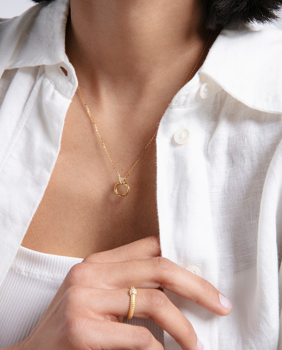 Colar Comboio de Prata de Lei com Banho de Ouro, Coração com Zircónias e Argolas Dourado-2