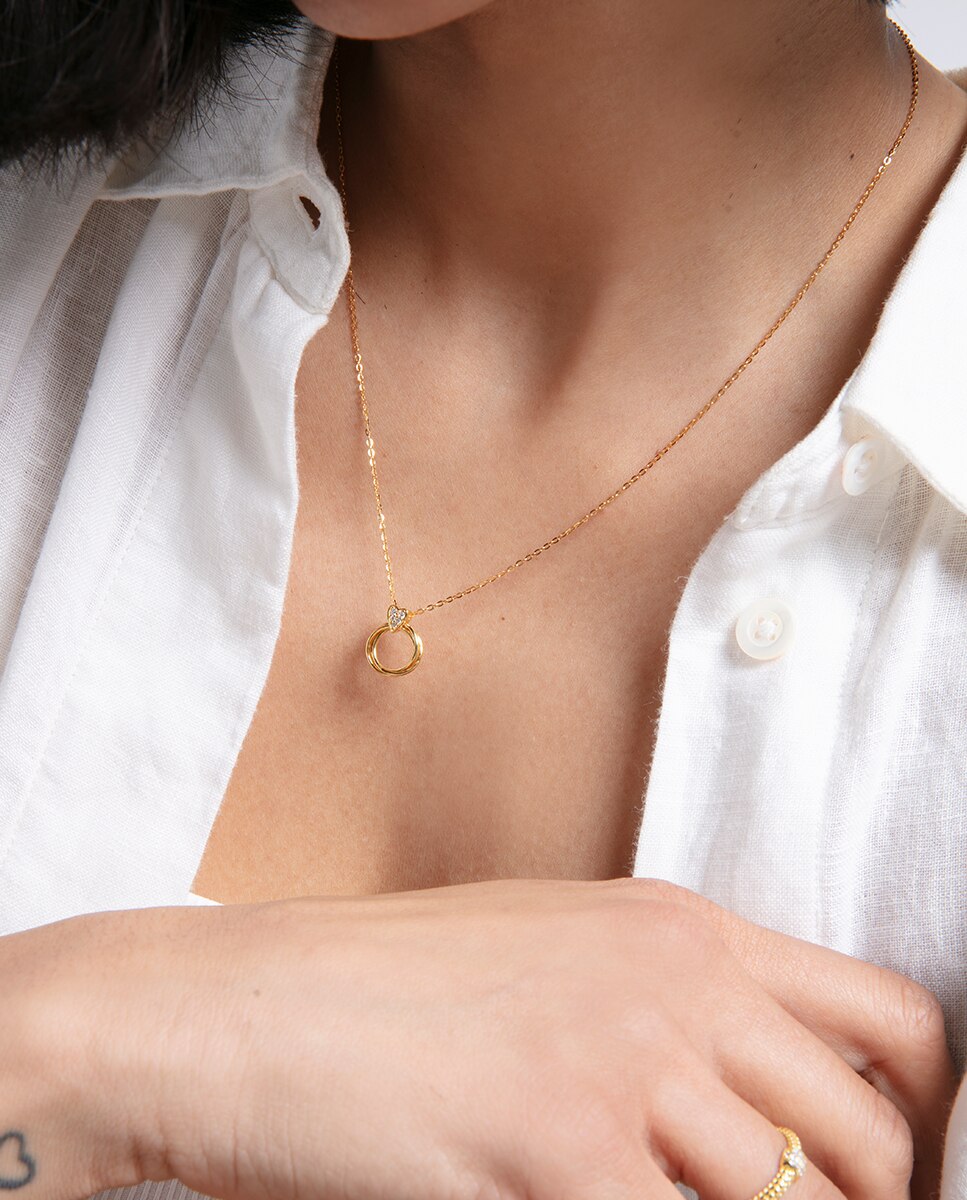 Colar Comboio de Prata de Lei com Banho de Ouro, Coração com Zircónias e Argolas Dourado-4