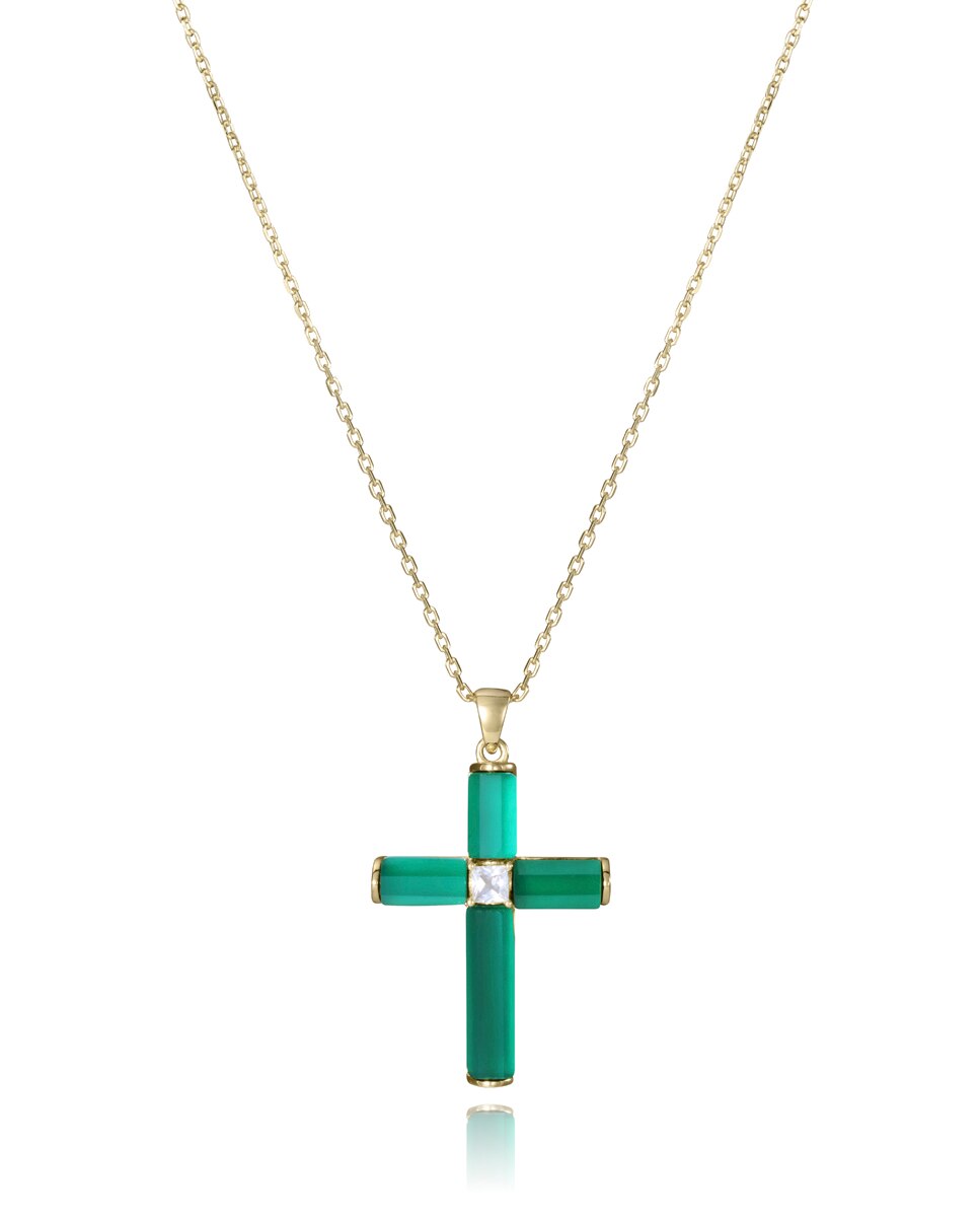 Colar Elegant de Prata de Lei com Banho de Ouro, Cruz Pendente com Ágata e Topázio Verde-1
