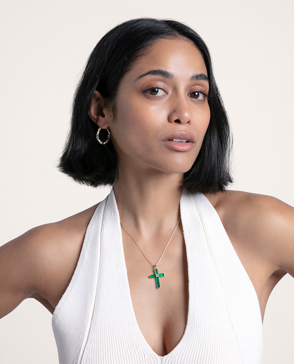 Colar Elegant de Prata de Lei com Banho de Ouro, Cruz Pendente com Ágata e Topázio Verde-2