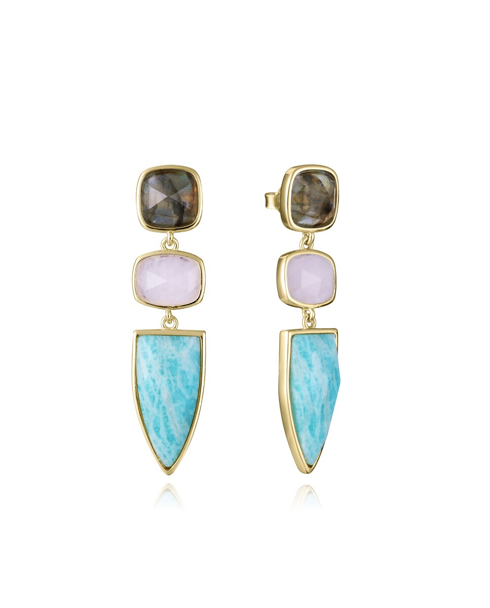 Brincos Elegant de Prata de Lei com Banho de Ouro e Pedras Naturais Multicolor-1
