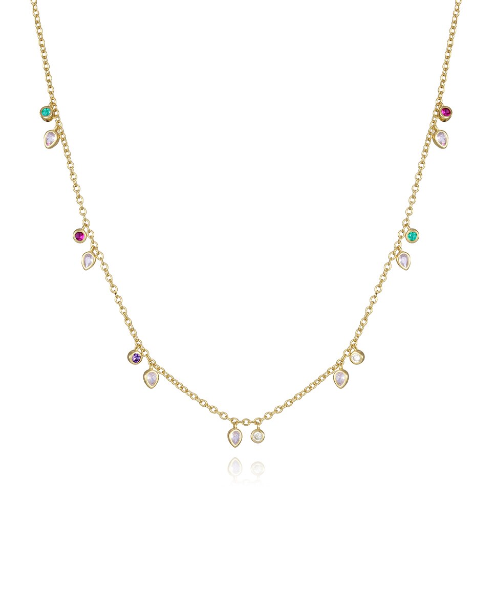 Colar Trend de Prata de Lei com Banho de Ouro e Zircônias de Cores Multicolor-1