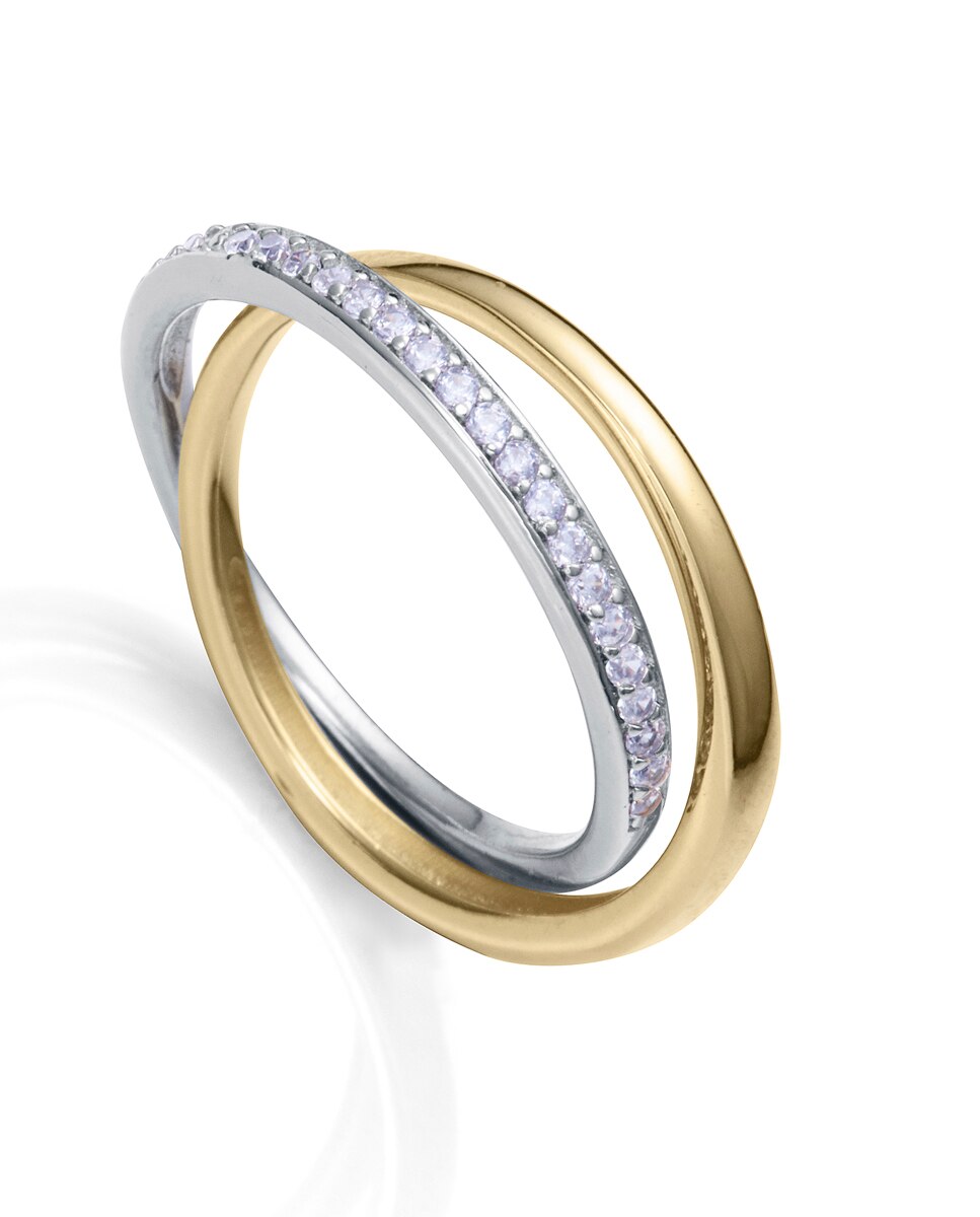 Anel Duplo Elegant de Prata de Lei com Banho de Ouro e Ródio com Fila de Zirconitas Brancas Multicolor-1