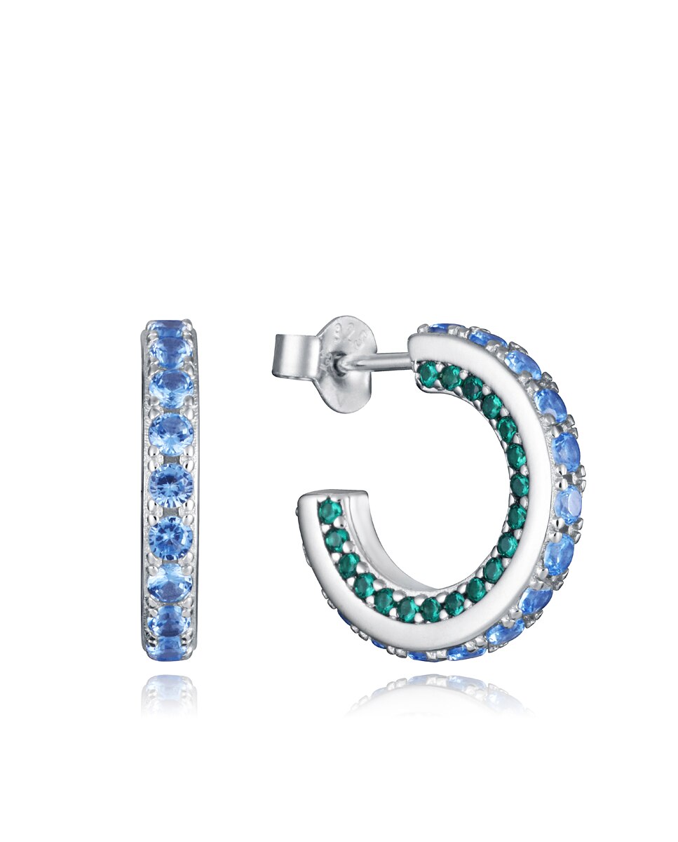 Brincos Elegant de Prata com Banho de Ródio e Zircônias Azuis e Verde Multicolor-1