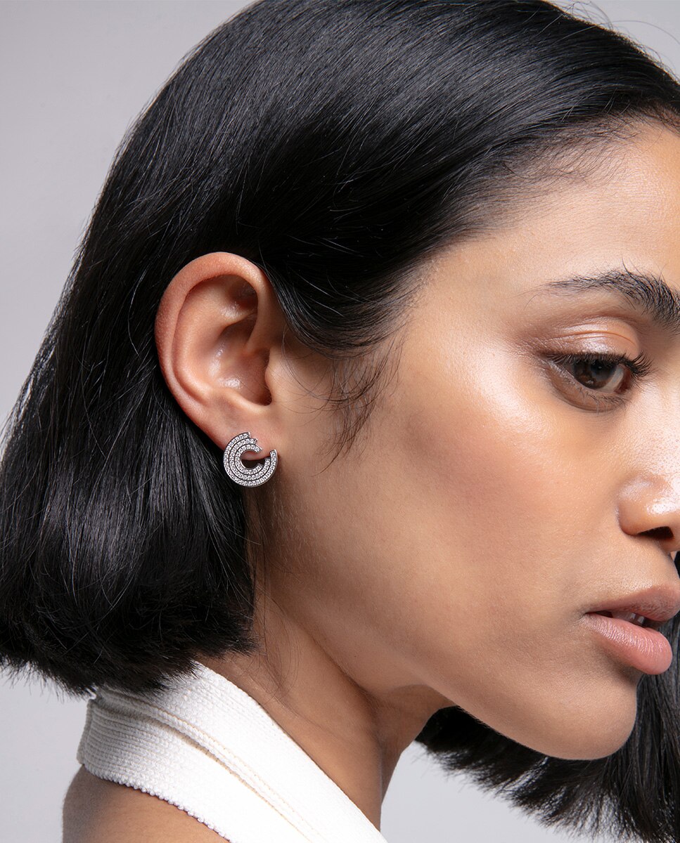 Brincos Elegant de Prata de Lei com Banho de Ródio e Zircônias Prateado-3