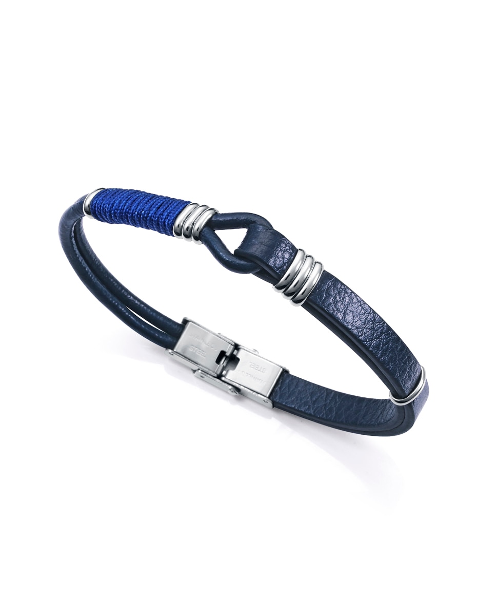Pulseira Magnum de Pele Azul com Cordão Azul de Motivo e Detalhes de Aço Azul / Preto-1