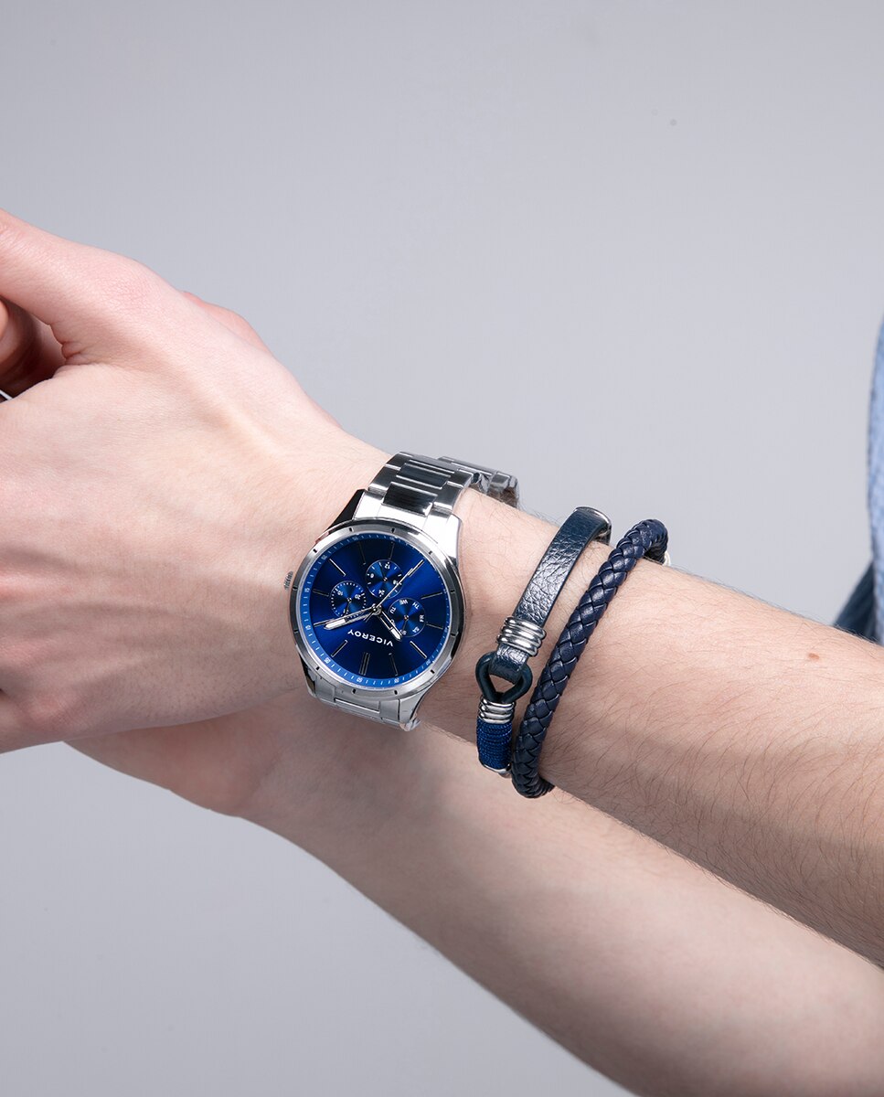 Pulseira Magnum de Pele Azul com Cordão Azul de Motivo e Detalhes de Aço Azul / Preto-2