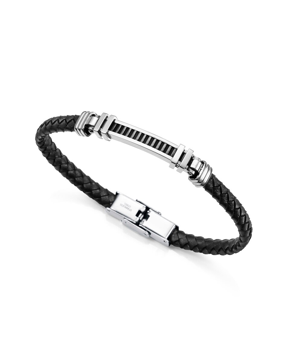 Pulseira Magnum de Pele Entrançada em Preto com Motivo de Placa em Aço Preto / Prata-1