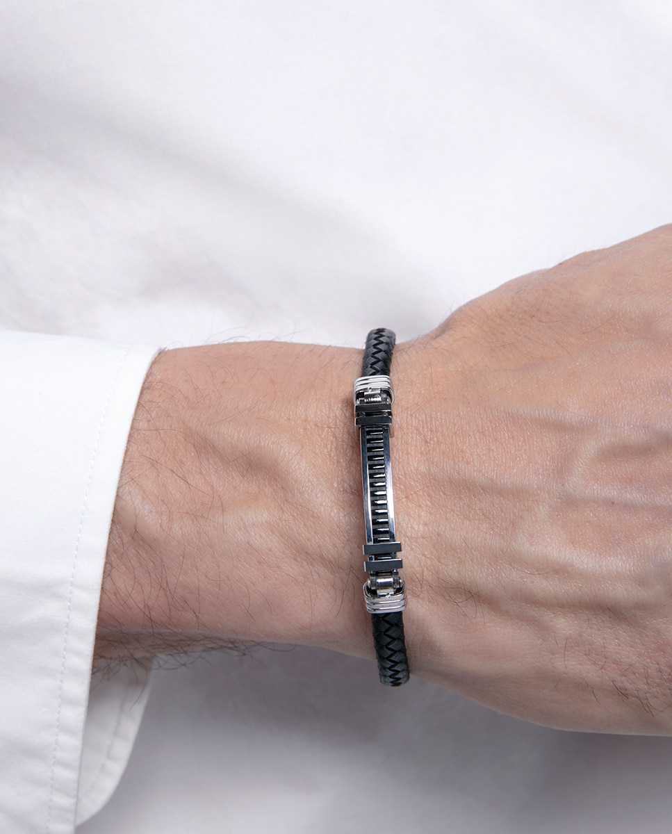 Pulseira Magnum de Pele Entrançada em Preto com Motivo de Placa em Aço Preto / Prata-2