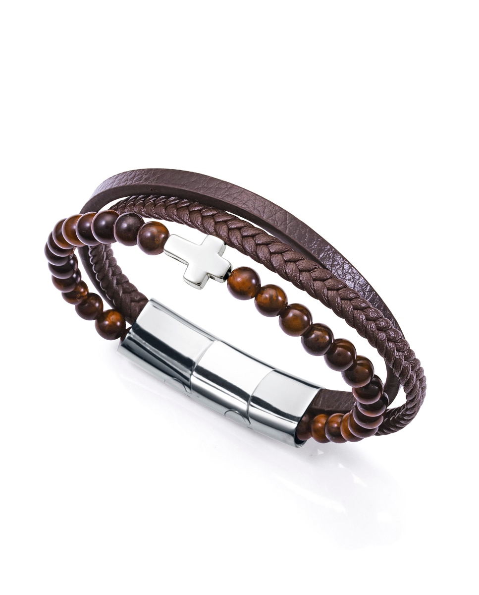 Imagem 0 de Pulseira Magnum de Pele em Castanho, Cruz de Aço e Pedras Naturais Olho de Tigre