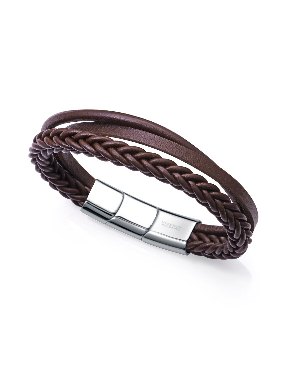 Pulseira Magnum de Pele Castanha Múltipla, com Pele Entrançada e Lisa Castanho-1