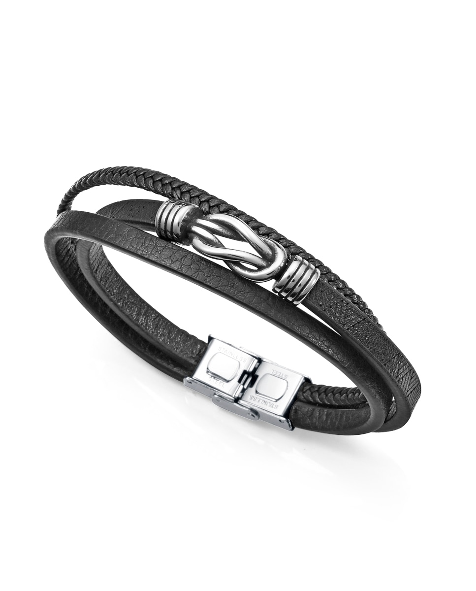 Pulseira Magnum de Pele Preta Múltipla, Entrançada e Lisa e Motivo de Nó em Aço Preto-1