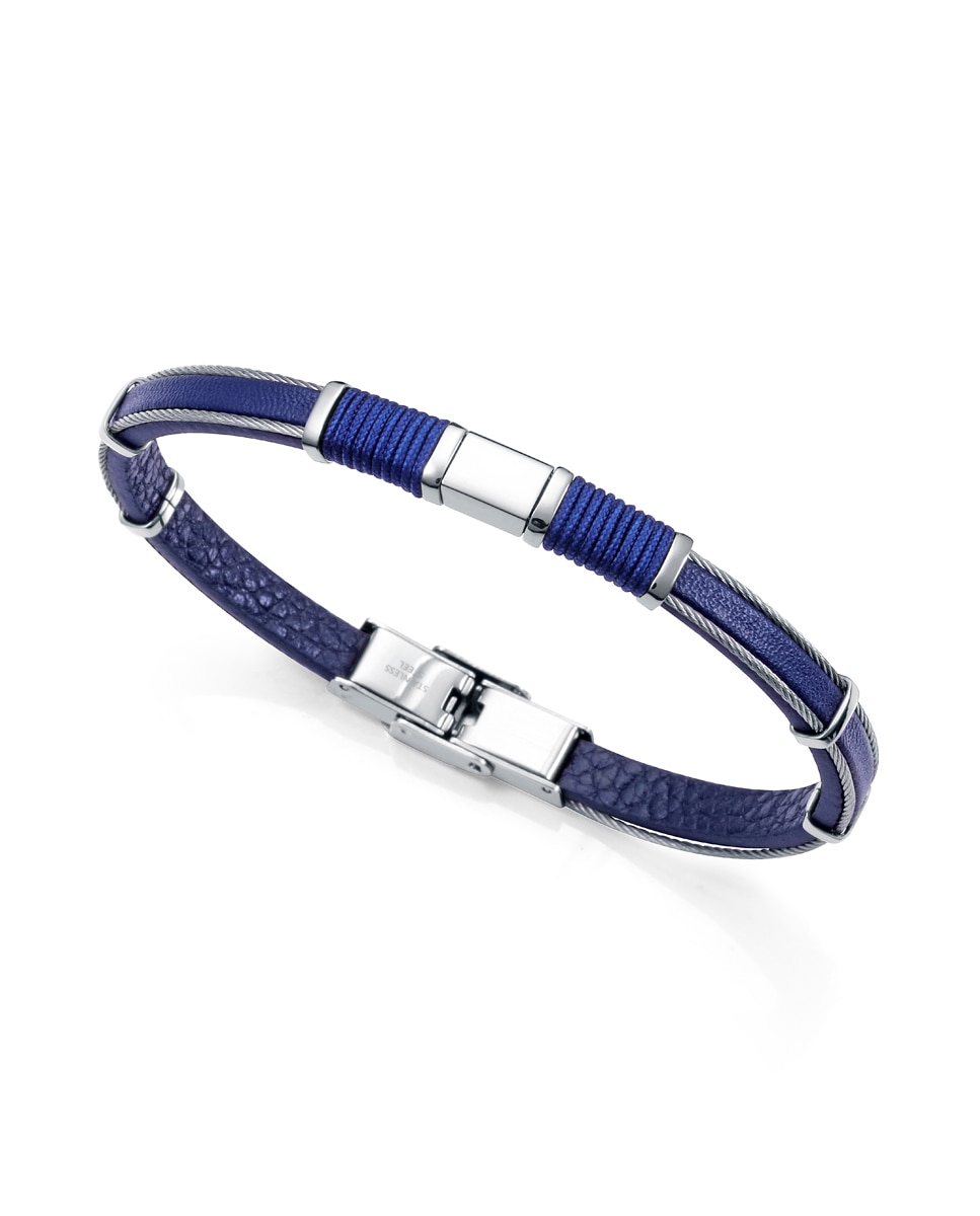 Pulseira Magnum de Pele Azul, Cabo e Detalhes de Aço com Cordão Azul Azul / Cinzento-1